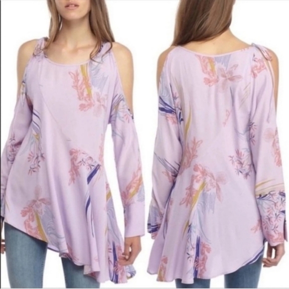 Free People Clear Skies Cold Shoulder Tunic/Dress In Lilac Floral - Picture 3 of 8